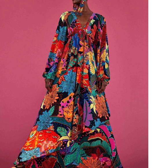 Nwt farm rio cool leopards v neck maxi dress in black - Picture 3 of 4